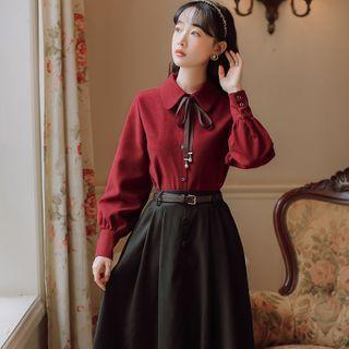 Set: Tie Neck Shirt + Midi A-line Skirt