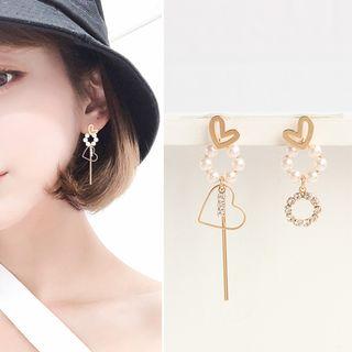 Non-matching Faux Pearl Alloy Heart Dangle Earring