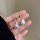Faux Pearl Alloy Dangle Earring 1 Pair - S925 Silver Stud Earrings - White & Gold - One Size