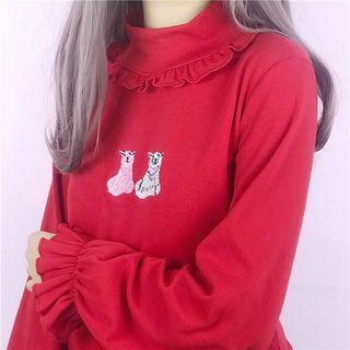Mock Neck Ruffle Trim Knit Pullover