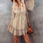 Elbow-sleeve Leopard A-line Dress