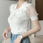 Dotted Mesh-sleeve Ruffled Polo Knit Top
