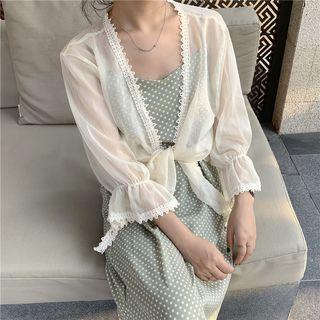 Lace-hem Chiffon Cardigan / Dotted Slipdress