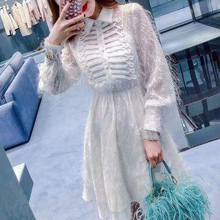 Long-sleeve Feather-accent A-line Collared Dress