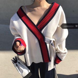 Contrast-trim Tie-waist Cardigan White - One Size