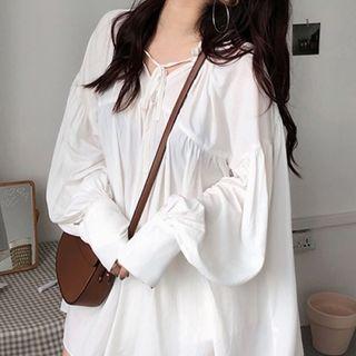 Lace-up Long-sleeve Dress White - One Size