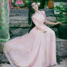 3/4 Sleeve Feather Embroidered Maxi Dress