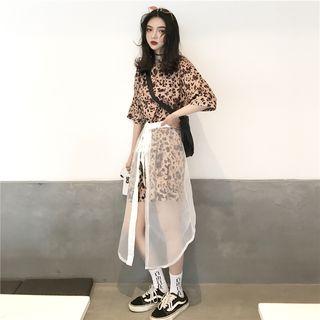 Elbow-sleeve Leopard Print Mini T-shirt Dress / Midi A-line Mesh Skirt