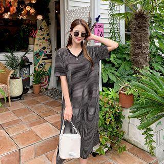 V-neck Slit-side Striped T-shirt Dress