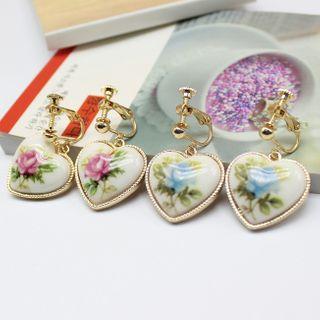 Flower Print Heart Earring / Clip-on Earring