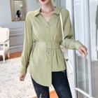 Long-sleeve Open-collar Belted Blouse