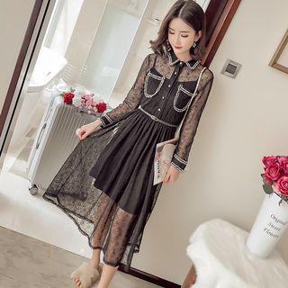 Set: Contrast-trim Lace Midi Dress + Slipdress