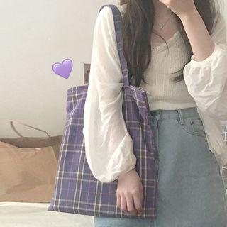 Plaid Canvas Tote Bag Plaid - Purple - One Size