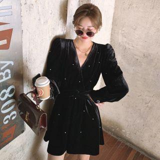Puff Sleeve V-neck Beaded Velvet Mini A-line Dress