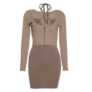 Set: Drawstring Strappy Mini Bodycon Dress + Ribbed Long-sleeve Cropped Cardigan