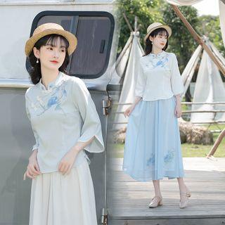 3/4-sleeve Mandarin Collar Embroidered Blouse