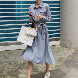 Long Sleeve Tie-waist A-line Shirtdress