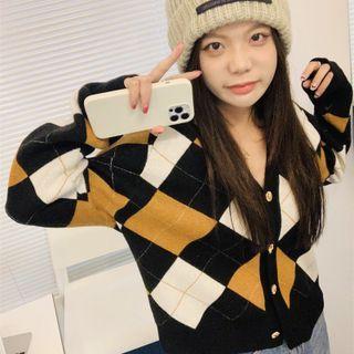 V-neck Plaid Color-block Button-up Oversize Cardigan Black - One Size