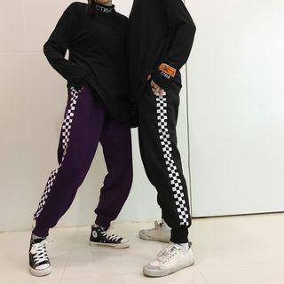 Lettering Sweatpants / Checkerboard-trim Jogger Pants