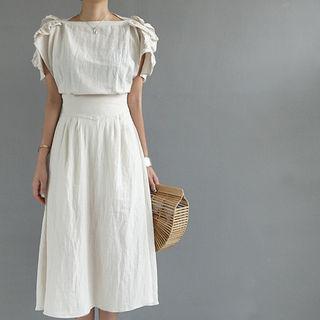 Linen Frill Trim-sleeve A-line Midi Dress