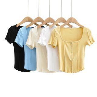 Short-sleeve Lettuce Edge Henley Cropped T-shirt