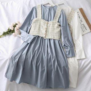 Set: Collarless Shirtdress + Woolen Vest