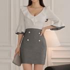 V-neck Ruffle Trim 3/4-sleeve Sheath Dress
