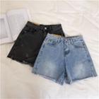 High-waist Frayed Denim A-line Shorts