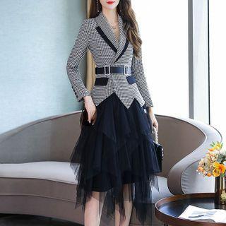 Set: Houndstooth Blazer + Mesh Midi A-line Skirt