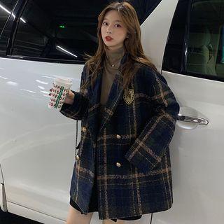 Plaid Double-breasted Coat / A-line Mini Skirt / Turtleneck Top