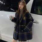 Plaid Double-breasted Coat / A-line Mini Skirt / Turtleneck Top