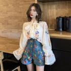 Flower Embroidered Blouse / High Waist Shorts