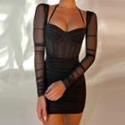 Long-sleeve Halter Ruched Mesh Panel Mini Corset Dress