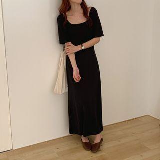Elbow-sleeve Open-back Maxi A-line Dress Black - One Size