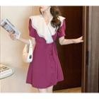 Short-sleeve Wide Collar Mini Wrap Dress