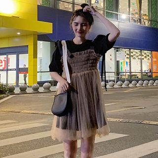 Short-sleeve T-shirt / Spaghetti Strap Mini Mesh Dress