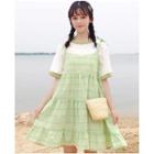 Short-sleeve Striped Mock Two-piece Dress White & Green - One Size