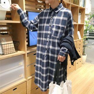 Long-sleeve Slit-hem Check Shirtdress