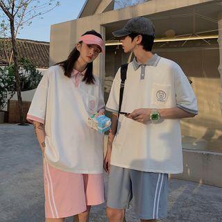 Set: Contrast-trim Polo Shirt + Contrast-trim Shorts