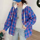 Lettering Embroidered Hooded Plaid Button Jacket