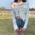 Lace Trim Cardigan / Bow Accent Cropped Camisole Top