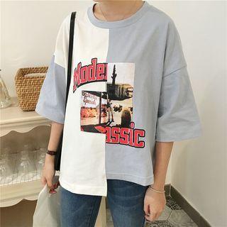 Print Colour Block Elbow-sleeve T-shirt