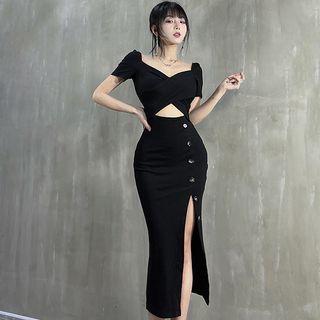 Short-sleeve Cutout Slit Midi Sheath Dress