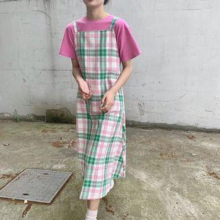 Plain Short-sleeve T-shirt / Plaid Sleeveless Dress