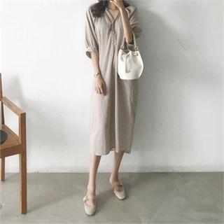 Puff-sleeve Gingham Long Shirtdress