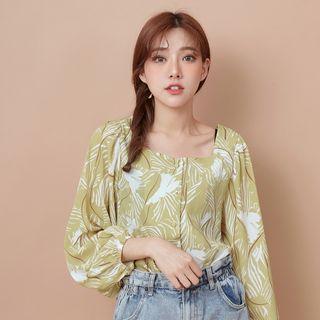 Long-sleeve Leaf Print Blouse Leaf - Light Green - One Size