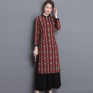 Set: Slit-side Patterned Dress + Wide-leg Pants