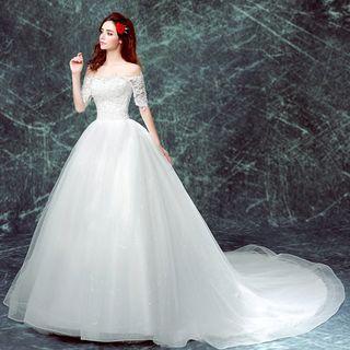 Elbow-sleeve Long Train Wedding Dress