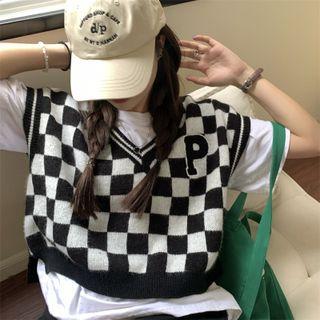 V-neck Embroider Letter Two Tone Plaid Cropped Vest Vest - One Size