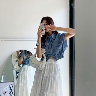 Stripe Crop Denim Trucker Vest